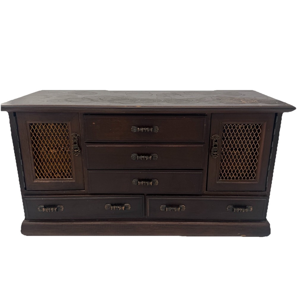 Vintage Japanese Wood Jewelry‎ Box Chest 9 Drawer MCM Teal Velvet Lined Japan